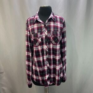 R&B Flannel Shirt Womens XL Purple Black Black Plaid Dual Chest Pocket Button Up